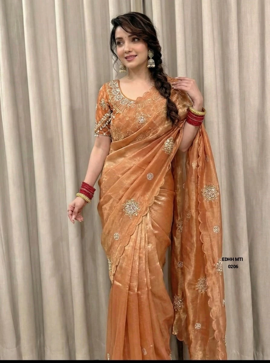 PURE SOFT FANDY SATTIN SILK FABRIC AARKO BORDER IN DESIGNER SAREE